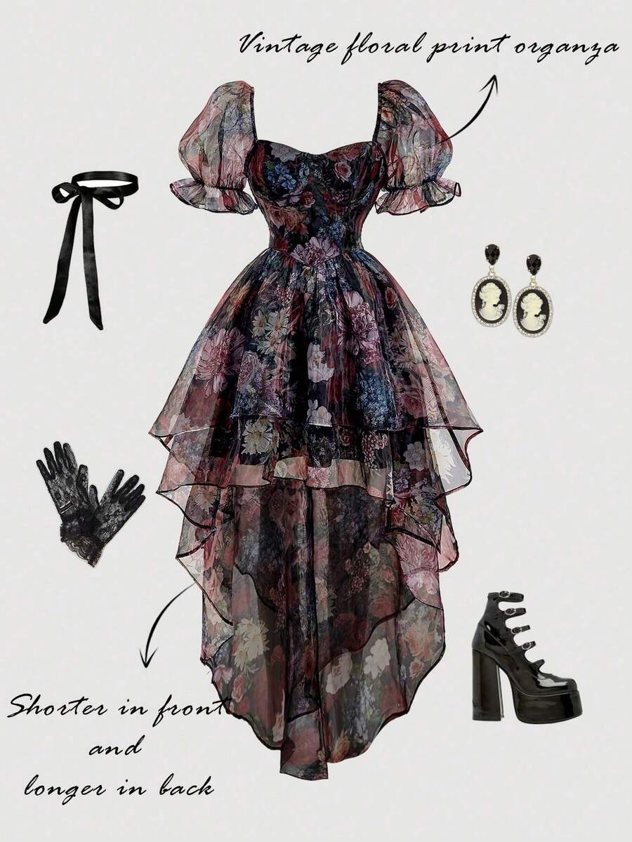 MOD Vestido midi con volantes, mangas abullonadas y lazo de jacquard para mujer, de moda para citas - Negro - Ver 1