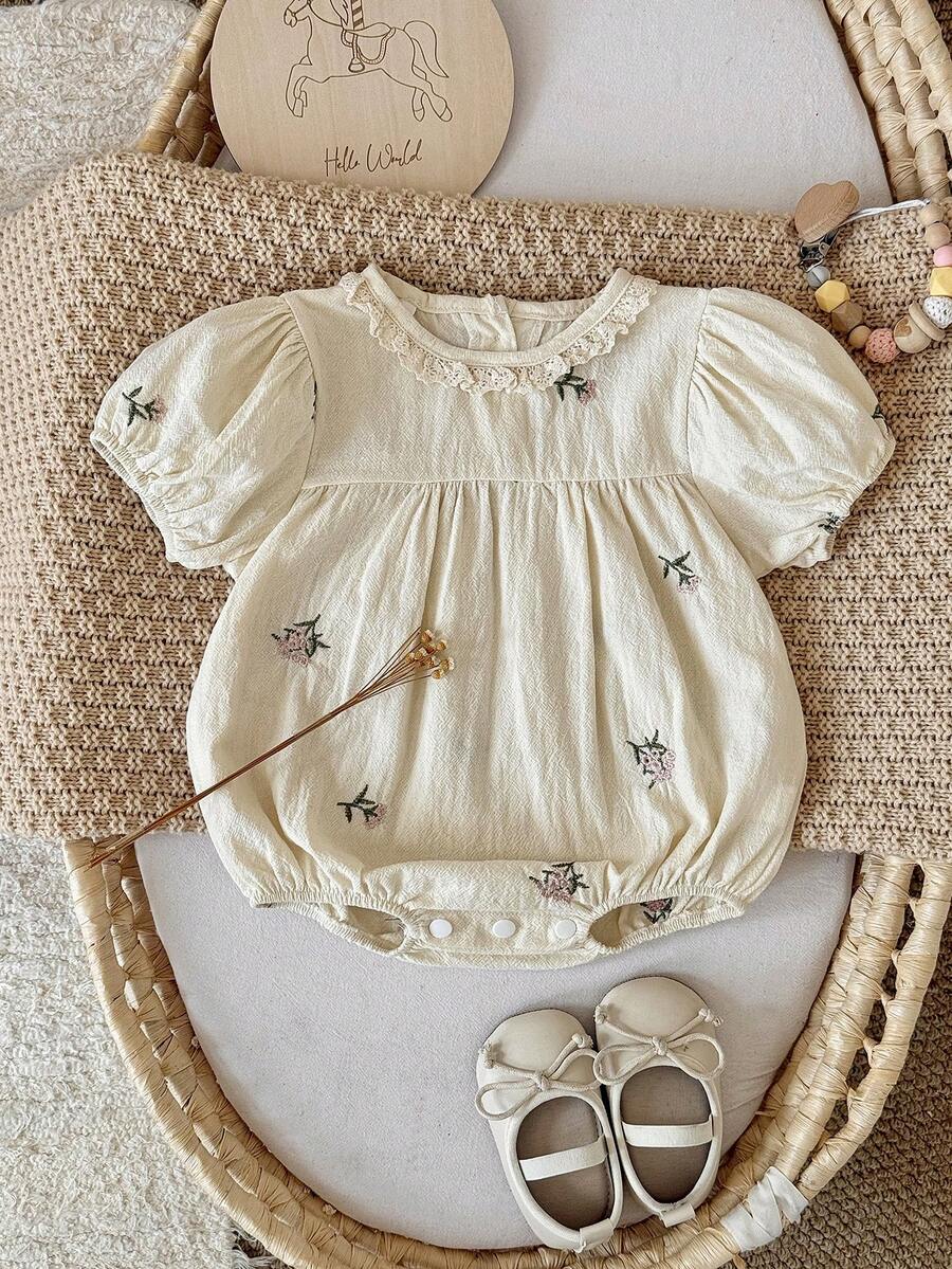 Newborn Baby Girl Floral Embroidered Apricot Cotton Short Sleeve Romper Summer