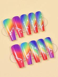 Rainbow Color Medium Square Press-On Nails, Colorful Striped Design, Summer Glossy Acrylic Fake Nails, Cute Full Coverage Nail Tips, Suitable For Women, 24pcs/Box - 彩色 - 查看 3