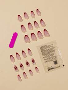 24 piezas de uñas postizas con diseño de flores rojas, uñas de arte francesas rojas, uñas de ataúd de tamaño mediano, incluye 1 hoja de pegatinas adhesivas y 1 lima de uñas, adecuado para uso diario - Multicolor - Ver 3