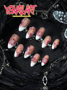 10片手工法式杏仁形穿戴甲，裸色底色配白色法式邊緣，3D粉色櫻花與閃亮水鑽裝飾，全覆蓋壓克力假指甲，適合新娘、派對、婚禮、日常、休閒與節日美甲 - 白色 - 查看 3