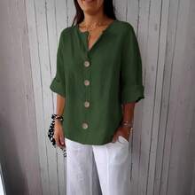 2026 Summer New Loose Short-Sleeve T-Shirt For Women, V-Neck Cotton-Linen Button Top - Milky - View 10