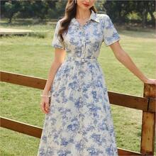 Vestido de mujer elegante y vintage con bolsillos y cinturón, vestido camisero con estampado floral, cierre con botones, vestido casual para ir y venir, vacaciones, vestidos de verano para mujer, atuendos de vacaciones de verano, atuendos de primavera para mujer, vestidos de primavera para mujer, ropa de primavera para mujer, atuendos de vacaciones de primavera, vestidos elegantes para fiestas, vestidos elegantes para fiestas para mujer, vestido de invitada de boda para mujer, vestido - Azul y blanco - Ver 5