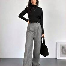 Tall Pantalones elegantes con pliegues y bolsillos de mujer gris para maestras, pantalones grises de cintura alta, pernera ancha, sueltos y holgados, para primavera, verano y otoño, pantalones anchos y holgados para mujeres profesionales de negocios - Marrón - Ver 7