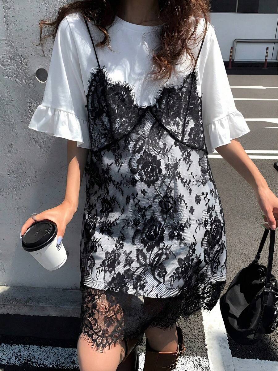Women's Dress With Short Sleeves And Lace, 2 In 1, Casual Dresses For Women, Floral Dresses For Women - 白色的 - 查看 1