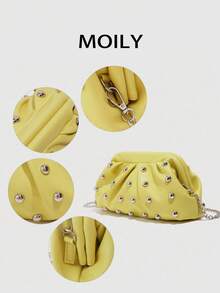 1pc Fashionable Yellow Women's Lightweight PU Leather Crossbody Bag, Decorated With Eyelet, Rivet And Pleats, Detachable Chain Strap Convertible To Clutch, Suitable For Work, School, Shopping, Dating, Travel And Outdoor Activities, Great Gift - Yellow - View 6