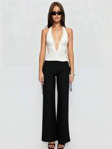 Womens Rivets Studded Halter Neck Plunge Cami Top Self-Tie Spaghetti Straps V-Neck Cut Out Front Crop Tank Top Camisole Vest Y2K Streetwear Party Tops - F217030-白色 - 查看 4