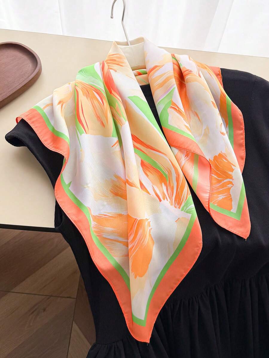 1pc Women's Elegant Vintage Print Thin Satin Square Faux Silk Scarf, Bohemian Style Casual Women's Neck Scarf, Shawl, Lightweight Comfortable Women's Headscarf, Suitable For Spring And Summer Daily Wear And Outings - Multicolor - View 1