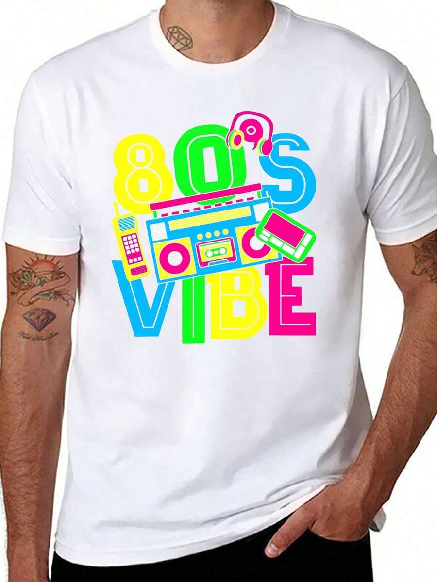 Funny Short-Sleeved T-Shirt For Men With A Retro 80s Tech Style - 白色 - 查看 1