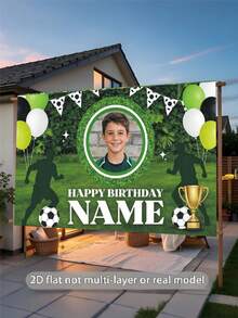 Customizable Photo & Name Football Theme Birthday Backdrop, Green Flag Balloon Outdoor Lawn Football Trophy Decoration, Suitable For Football Theme Birthday, Event, Holiday, Celebration Backdrop Decoration And Photography Props, Vinyl Material. - Green - View 5