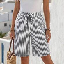 Faunlyn Pantalones cortos tipo bermudas a rayas con bolsillos laterales, de corte amplio y cintura media, estilo básico - Multicolor - Ver 4