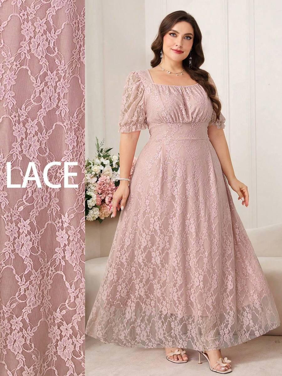 Reflora Vestido elegante de mujer talla grande con estampado floral, cuello cuadrado y mangas de pétalo - Rosa 2 - Ver 1