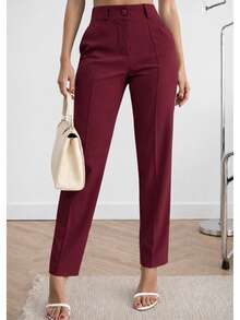 Women's Tailored Trousers, Social Casual, High-Waisted, Elegant And Comfortable, With Pockets And Covered Button. - 酒紅色 - 查看 2