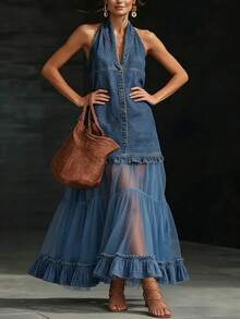 Women's Halter Neck Denim & Tulle Tiered Maxi Dress Dark Wash Button Front Ruffle Hem Mixed Media Dress Boho Halter V-Neck Denim Top With Sheer Tulle Skirt - 深藍色 - 查看 2