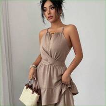 . .  Vestido mini ajustado y acampanado sin mangas con lazo elegante y cuentas para mujer, color caqui, primavera/verano - Naranja Quemada - Ver 5