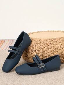 2026 New Women's Dark Brown Square Toe Mary Jane Shoes, Unique Double Strap Buckle Design, Versatile For Commuting, Elegant Fashion, Casual Minimalist - Navy Blue - View 6