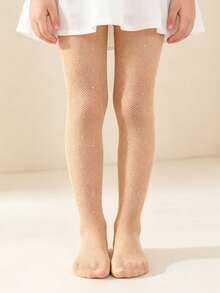 1pc Children/Teens Heavy Rhinestone Fishnet Hollow Out Dance Tights, Party & Competition - Khaki - View 2