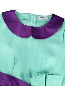 Plus Size Women's Satin Colorblock Mermaid Dress, Collared, 3/4 Sleeve, Ruffle Waist, Slim Fit, Wedding Guest, Church Event, Elegant Party Dress - Mint Green - View 8