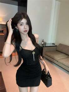 Korean-Style Leopard Print Sexy Long-Sleeved Bodycon Dress For Women, New For Spring And Autumn, Slim Fit With A Short Skirt - Black - View 2