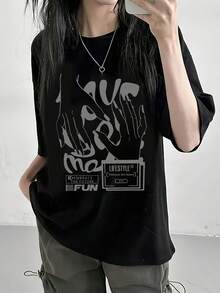 100% Cotton. Casual Short-Sleeved Printed T-Shirt. 1pac Women's Short-Sleeved T-Shirt, Summer Design, Slim Fit, Cartoon Print Short-Sleeved T-Shirt, Pure Cotton Short-Sleeved T-Shirt, Top, Basic Tee. #3333. Spring Summer Top - 黑色 - 查看 1