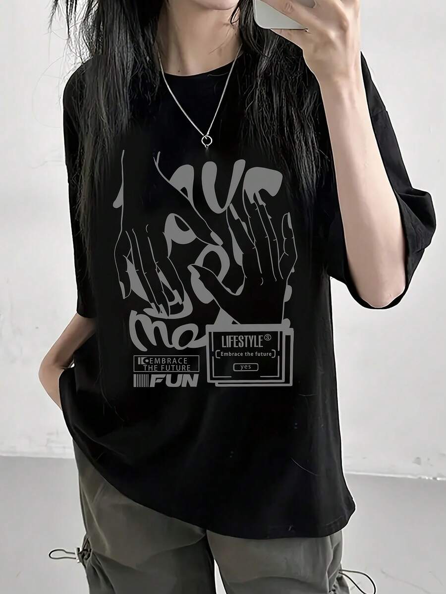 100% Cotton. Casual Short-Sleeved Printed T-Shirt. 1pac Women's Short-Sleeved T-Shirt, Summer Design, Slim Fit, Cartoon Print Short-Sleeved T-Shirt, Pure Cotton Short-Sleeved T-Shirt, Top, Basic Tee. #3333. Spring Summer Top - 黑色 - 查看 1