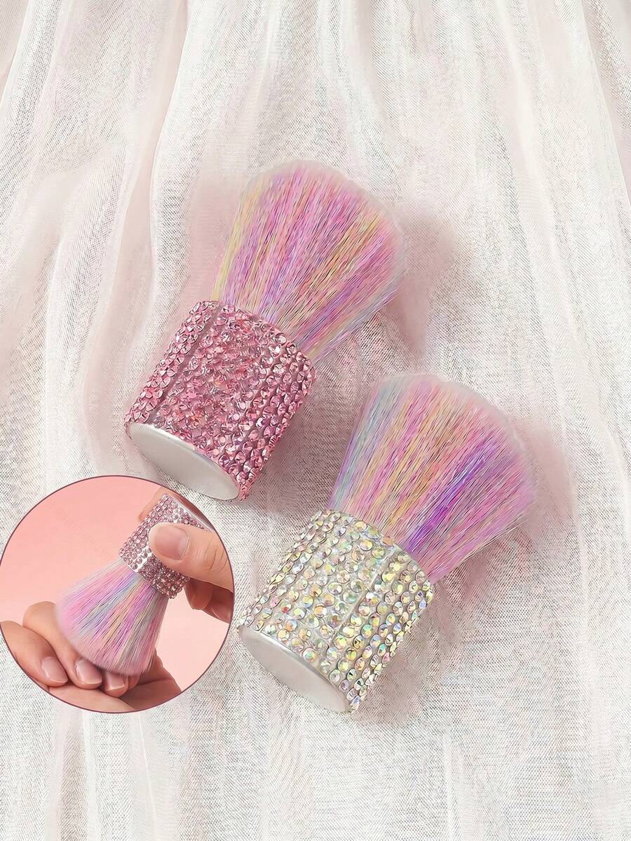 1 buah Kuas Bedak Rhinestone Warna Pelangi, Kuas Highlighter, Kuas Makeup, Kuas Pembersih Kuku, dengan Gagang Berhiaskan Berlian Warna Pink AB, Alat Kuku & Makeup Kelas Atas - Putih - View 1