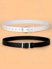 2 Pieces Set White K-Color Square Buckle Fashionable Decorative Versatile Suitable For Daily Use PU Set Belt - Multicolor - View 2
