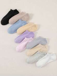 1 Pair/10 Pairs Random Candy Color Dopamine Socks Set, Solid Color Lace Stripe, Round Ribbed Cuff, High Heel, Japanese Sweet & Cute Style, Suitable For Commuting, Business, Daily Travel, Campus Sports Etc. Soft, Skin-Friendly, Breathable, Sweat-Absorbent, Odor-Resistant, Low-Cut, Invisible, Women Short Socks - Multicolor - View 4