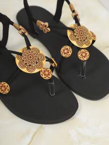 Flat Toe-Post Sandals Bohemian PU Leather Beaded Party Summer - Black - View 3