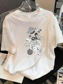 Camiseta de manga corta con cuello redondo y estampado de astronauta en blanco y negro para mujer, ideal para todas las estaciones. - Blanco - Ver 1