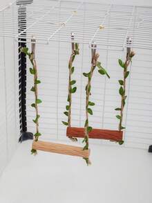 1pc Faux Solid Wood Parrot Swing Toy, Durable With Artificial Green Leaves And Hemp Rope Hanging Perch, Cage Accessory For Cockatiel / Budgie / Lovebird And Other Small To Medium Parrots - View 2