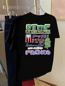 100% Cotton. Casual Short-Sleeved Printed T-Shirt. 1pac Short-Sleeved T-Shirt With Front And Back Print - DTMF, Puerto Rico Fashion Print - Women's Printed T-Shirt For Spring/Summer, Item. Spring/Summer Top. - Black - View 2