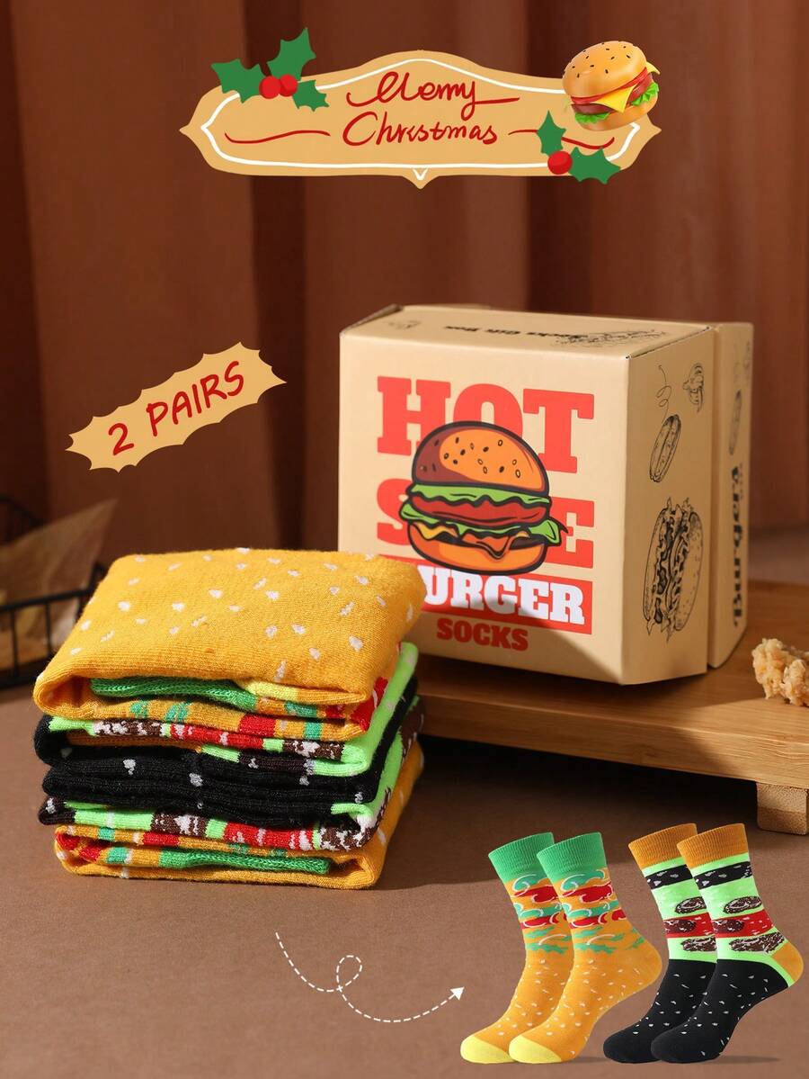2 Pares de Meias de Cano Médio com Estampa de Hambúrguer, Unissex, Design Criativo Realista de Fast Food, Item Essencial Personalizado de Nicho, Adequado para Ação de Graças / Natal / Carnaval / Formatura / Halloween / Páscoa, Presente Surpresa, Meias de Uso Diário no Estilo Street, Item de Roupa Casual, Ótimo Presente para Viagens Curtas / Casa / Escritório / Academia / Corrida / Esportes ao Ar Livre, Todas as Ocasiões