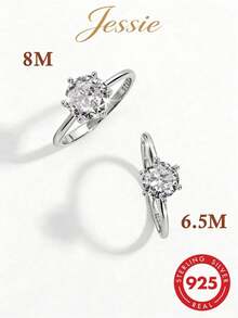 1 Peça Anel de Pedra Redonda de Zircônia Cúbica de Prata 925 Elegante, Elegante, Requintado, Brilhante, Minimalista e Versátil, Adequado para Encontros, Festas e Uso Diário de Mulheres - Prata - Visão 1