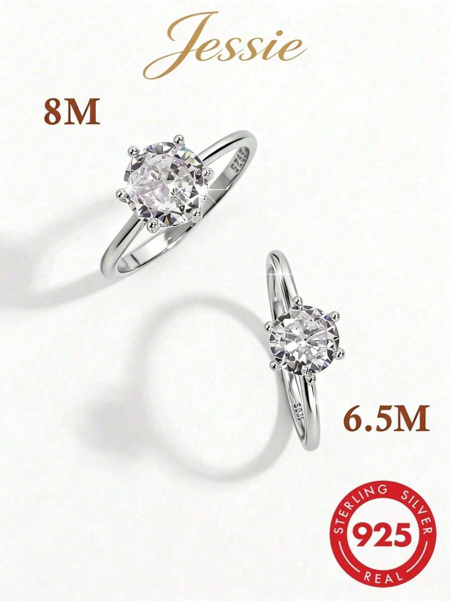 1 Peça Anel de Pedra Redonda de Zircônia Cúbica de Prata 925 Elegante, Elegante, Requintado, Brilhante, Minimalista e Versátil, Adequado para Encontros, Festas e Uso Diário de Mulheres - Prata - Visão 1