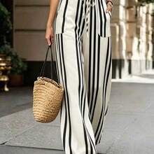 Pantalones casuales de cintura elástica de alta calidad con rayas, pantalones anchos para mujer, adecuados para vacaciones, salidas, Y2K, primavera, verano, vuelta al colegio, casual, playa, negocios, versátiles, pantalones casuales color albaricoque para mujer, pantalones rectos a rayas para mujer - Albaricoque - Ver 2