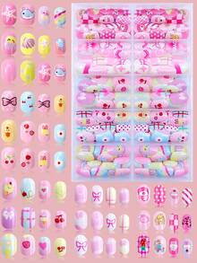 NAIO 120-Piece Pack (5 Styles) Of Children's Press-Type False Nails, Acrylic Material, Full Coverage, Cute Cartoon Rainbow Heart Glossy Press-Type False Nail Set, Short Oval False Nail Set, Comes With 3 Pieces Of Tape And 3 Nail Files. - Multicolor - View 12