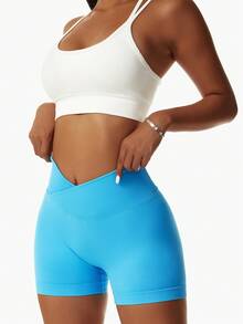 Women's Minimalist Solid Color Criss-Cross Waist Tight Sports Shorts Yoga - Blue - View 7