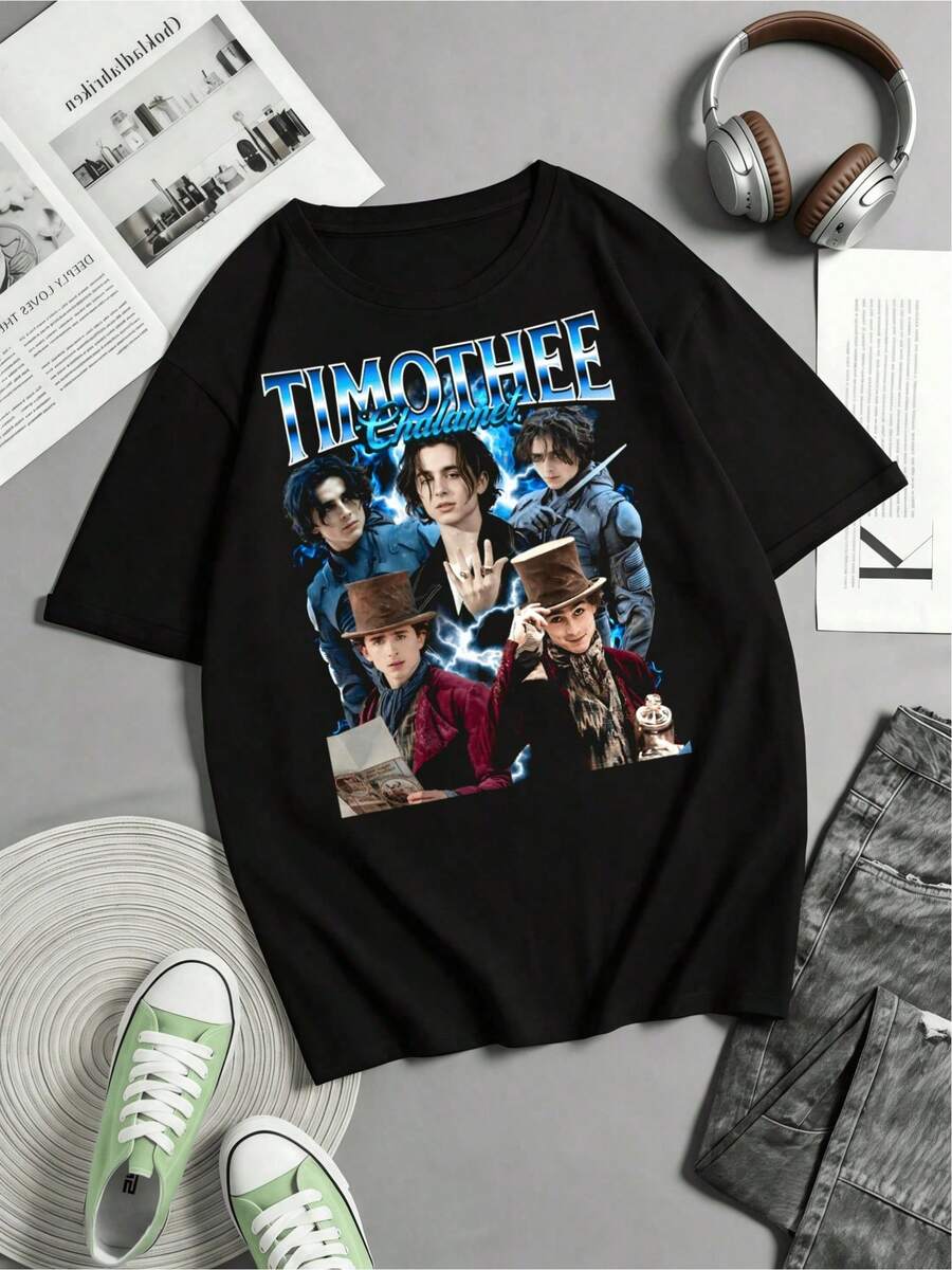 Timothée Chalamet Multi‑Movie‑Role Blue Lightning Gradient "TIMOTHEE" Graphic Tee, 100% Cotton, Y2K Grunge Holly Woods Streetwear Casual Top - Black - View 1