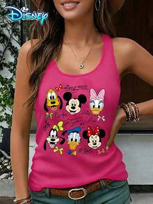 Disney Official Authorization | Women's Casual Round Neck Sleeveless Vest. With Disney Character Group Portrait As The Theme, Matching With Character  And Signature Print, It Is Retro And Full Of Commemoration. It Is An Exclusive Item For Fans To Collect And An Ideal Choice For Showcasing American Retro Style. - Màu Hồng Tươi - Xem 1