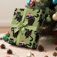 1 Roll Christmas Wrapping Paper | Green Background With Santa Hat & Bow Black Cat Design, Perfect For Christmas Gift Wrapping, Holiday Decorations, Party Ambiance, And Christmas-Themed Events – 43 Cm * 500 Cm (170 Inches * 16.4 Feet) - Cat Theme - View 3