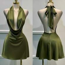1 pieza Vestido corto de satén de unicolor y espalda descubierta, vestido de playa, vestido mini elegante para mujer, vestido casual elegante, vestido fluido, vestido corto de verano - Champán - Ver 2