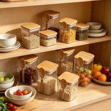 4/6/10/12pcs 320ml Square Glass Jars With Bamboo Lids And Spoons, Airtight Food Storage Containers For Sugar, Coffee, Oats, Flour, BBQ Seasoning, Kitchen Storage - View 2