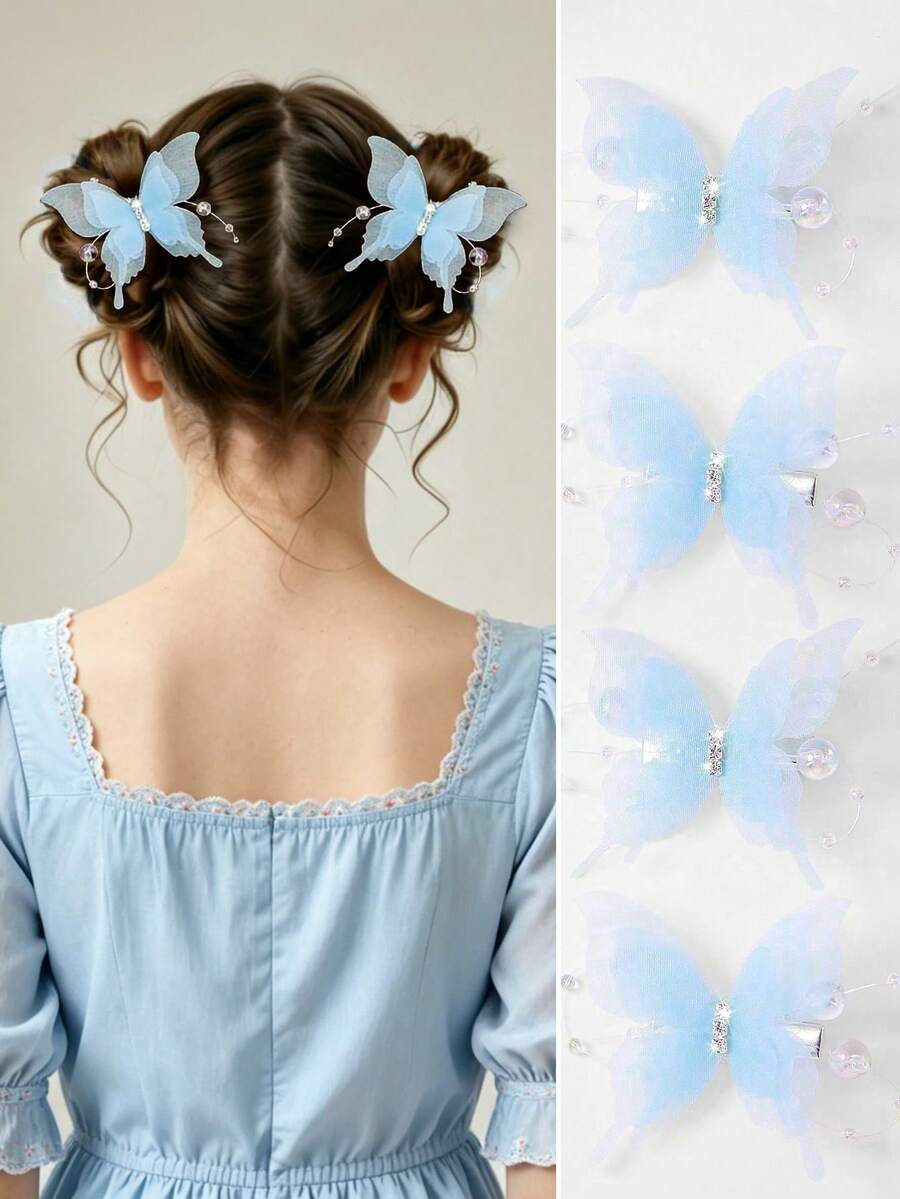 Set de 2 pinzas para el cabello con mariposa de malla con rhinestones en azul claro y pinzas para el cabello con perlas tipo sirena para niñas/adolescentes, para uso diario - Azul - Ver 1
