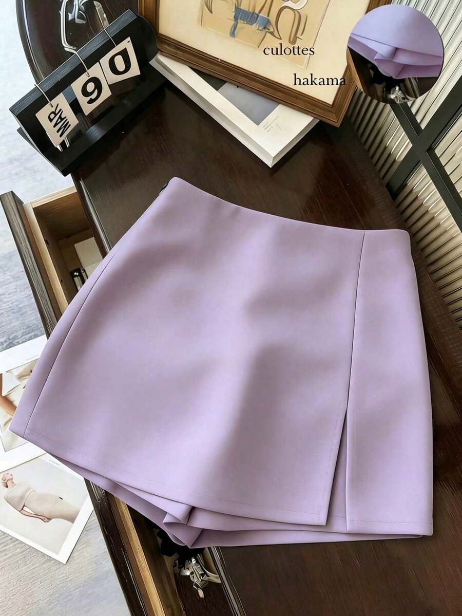 Women's High-Waisted Shorts/Skirt/Culottes Made Of Soft, Textured Fabric With A Slit, Versatile For Work Or Casual Wear, In Grey, For Spring/ - 紫色 - 查看 1