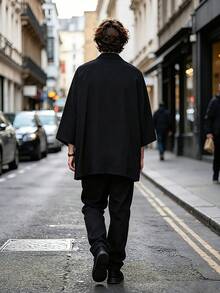 Japanese Style Solid Color Minimalist Open Front Kimono Cover Up, Summer Daily Commute 3/4 Sleeve Loose Outerwear, Men's Beach Vacation Casual Top, Chinese Style Retro Modified Cover-Up - Black - View 4