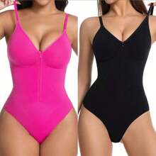 2 Pc Women'S Sexy High Stretch V-Neck Spaghetti Strap Shapewear Bodysuit, Zipper Front Waist Training Slimming Bodysuit - 玫紅+黑色 - 查看 6
