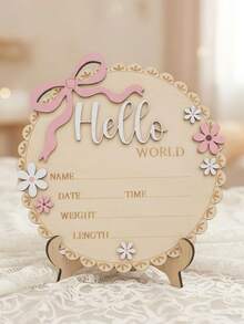 1pc Hello World Wooden Baby Birth Announcement Sign With Pink Bow, Newborn Sign For Hospital, Cloud Shape Floral Newborn Name Date Time Weight Length Board, Baby Girl Nursery Photo Prop Baby Girl Nursery Decor Photo Prop Keepsake - Small Lace - View 1