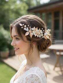 1 buah Jepit Rambut Pengantin Motif Bunga Emas Vintage, Aksesori Rambut Mutiara & Berlian Imitasi Buatan Tangan, Dekorasi Gaya Rambut Sanggul Pernikahan - MultiWarna - View 2