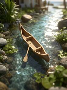 1 Set Mini Realistic Floating Boat With Oars, Boat Model, Floating Boat Decoration, Suitable For Garden Landscape, Aquarium, Fish Tank, Bonsai Landscape, Home Office Decor, Desktop Decor, Craft Decoration Ornament, Suitable For Spring And Summer Holiday Decoration - A - View 4